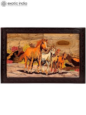 Four Horses | Natural Color on Wood Panel with Inlay Work