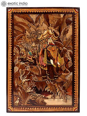King Riding on Elephant | 3D Wood Panel with Inlay Work