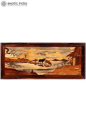Village View -  Bull Drinking Water From Lake | Wood Panel with Inlay Work