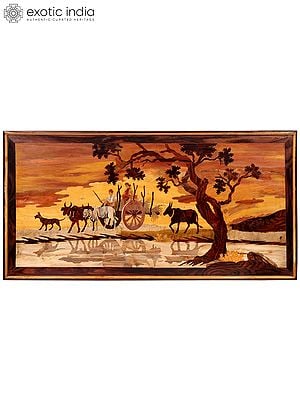 48" Beautiful View Of Bullock Cart In Sunset | Natural Color On Wood Panel With Inlay Work