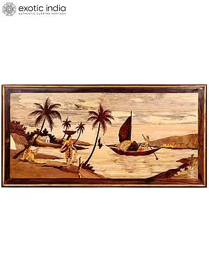 48" Life On The Riverside - Landscape | Natural Color On Wood Panel With Inlay Work