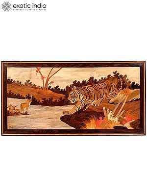 48" Hunting Tiger | Natural Color On Wood Panel With Inlay Work