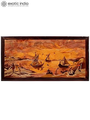 48" Floating Boats On River In Evening - Fishermen | Natural Color On Wood Panel With Inlay Work
