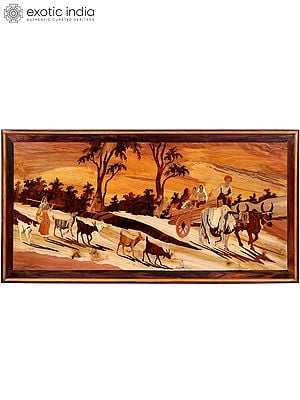 48" Bullock Cart Ride And Shepherd | Natural Color On Wood Panel With Inlay Work