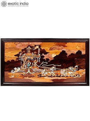 50" Krishna Updesh During Kurukshetra War | Natural Color On Wood Panel With Inlay Work