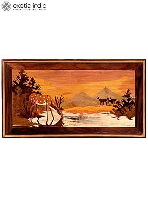 28" Thirsty Reindeer On The Lake Shore | Natural Color On Wood Panel With Inlay Work