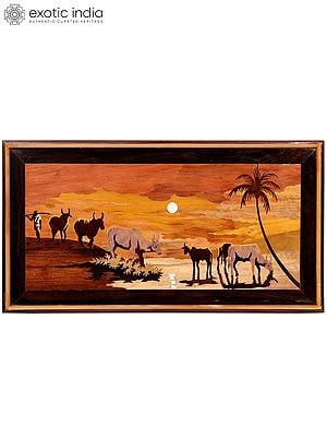 28" A Beautiful Evening In Village | Natural Color On Wood Panel With Inlay Work