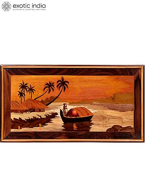 28" Boat Ride Landscape | Natural Color On Wood Panel With Inlay Work