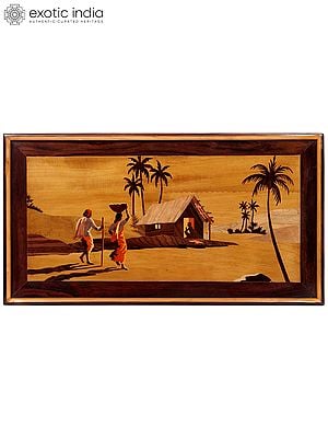 28" Back To Home - Rural Landscape | Natural Color On Wood Panel With Inlay Work