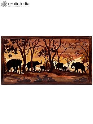 37" Elephants In Jungle | Natural Color On Wood Panel With Inlay Work