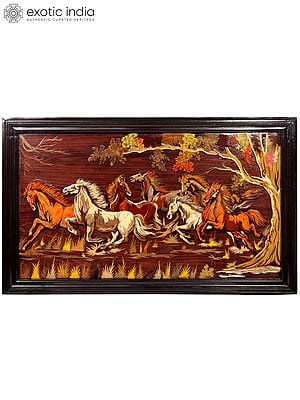 60" Seven Running Horses | Natural Color On 3D Wood Painting With Inlay Work