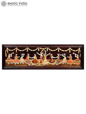 60" Radha And Krishna Celebration With Gopis | Natural Color On Wood Panel With Inlay Work