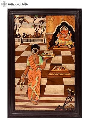36" Lady Worshipping Ganesha | Natural Color On 3D Wood Painting With Inlay Work