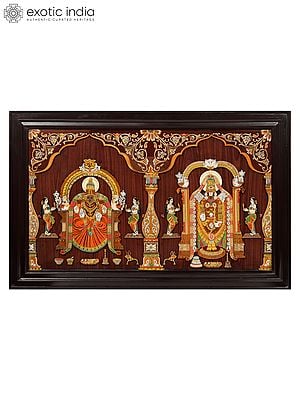 48" Lord Balaji With Goddess Padmawati | Natural Color On 3D Wood Painting With Inlay Work