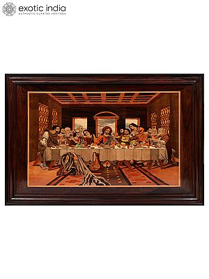 42" Last Supper With Devotees | Natural Color On Wood Panel With Inlay Work