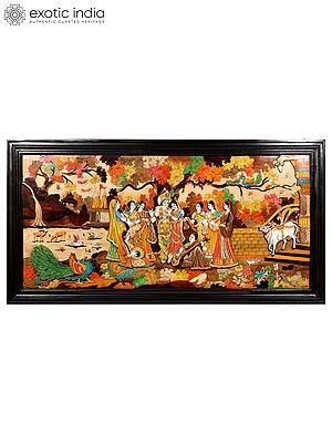 72" Radha And Krishna - 3D View Of Vrindavan Story | Natural Color On Wood Panel With Inlay Work