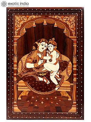Maiya Yashoda with Baby Krishna | Wood Panel with Inlay Work