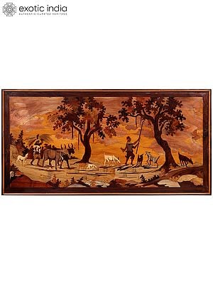 Village Life | Natural Color on Wood Panel with Inlay Work