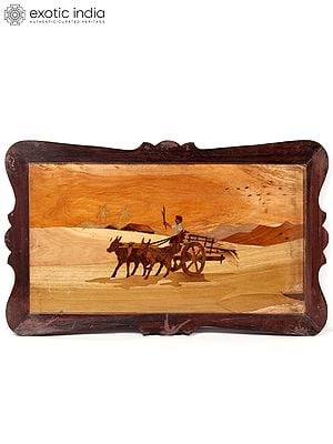 20" Loaded Bullock Cart | Natural Color On Wood Panel With Inlay Work