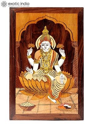 18" Goddess Lakshmi Seated On Lotus | Natural Color On Wood Panel With Inlay Work
