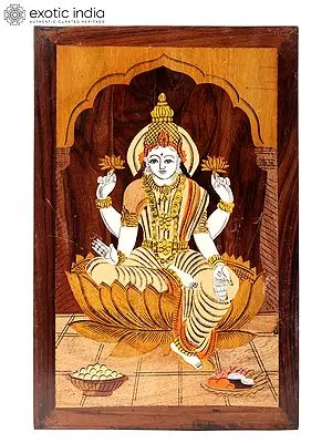 18" Goddess Lakshmi Seated on Lotus | Natural Color on Wood Panel with Inlay Work