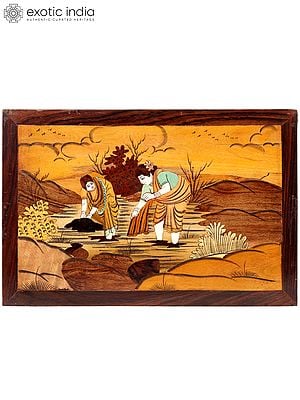 18" Working Ladies - Rural View | Natural Color On Wood Panel With Inlay Work