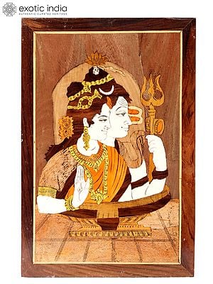 18" Lord Shiva And Goddess Parvati In Shivalinga | Natural Color On Wood Panel With Inlay Work