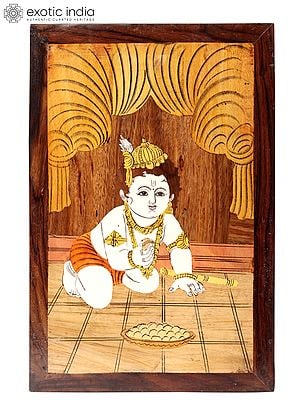 18" Little Bal Gopal Krishna | Natural Color On Wood Panel With Inlay Work