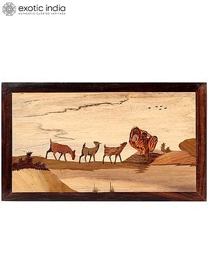 19" Beautiful Goats In Village | Natural Color On Wood Panel With Inlay Work