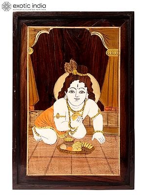 19" Divine Bal Gopal | Natural Color On Wood Panel With Inlay Work
