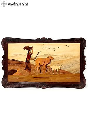 20" Woman Shepherd Carrying Basket On Head | Natural Color On Wood Panel With Inlay Work