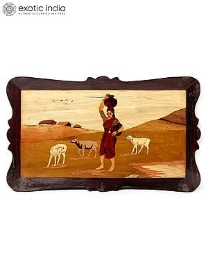 20" Woman Carrying Matka On Head In Village | Natural Color On Wood Panel With Inlay Work