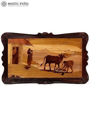 20" Eating Time Of Cow - Rural View | Natural Color On Wood Panel With Inlay Work