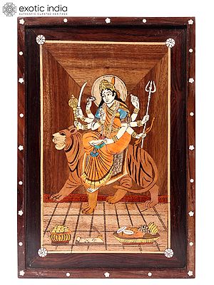16" Goddess Durga Seated On Tiger | Natural Color On Wood Panel With Inlay Work