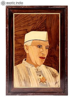 16" Pandit Jawaharlal Nehru Ji | Natural Color On Wood Panel With Inlay Work