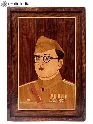 16" Portrait Of Netaji Subhash Chandra Bose | Natural Color On Wood Panel With Inlay Work