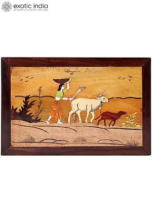 15" Cowherding Lady | Natural Color on Wood Panel with Inlay Work
