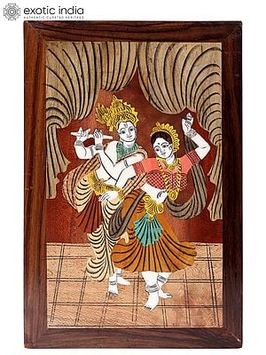 15" Hand Painted Dancing Radha - Krishna | Natural Color On Wood Panel With Inlay Work