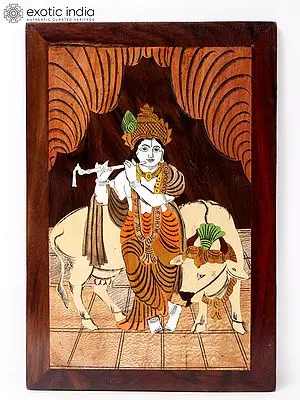 15" Divine Murlidhar Krishna | Natural Color On Wood Panel With Inlay Work
