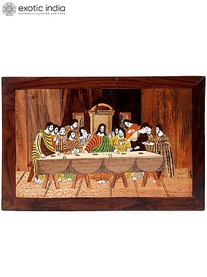 15" The Last Supper With Jesus And Devotees | Natural Color On Wood Panel With Inlay Work