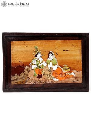 15" Sweet Tune Of Flute - Radha And Krishna | Natural Color On Wood Panel With Inlay Work