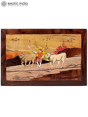 15" A Working Farmer With Cows | Natural Color On Wood Panel With Inlay Work