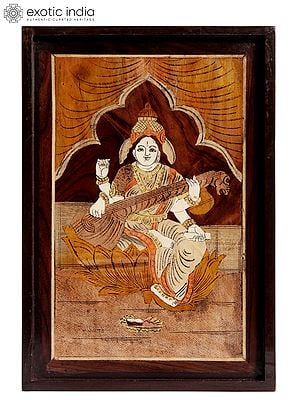 19" Seated Goddess Saraswati On Lotus | Natural Color On Wood Panel With Inlay Work
