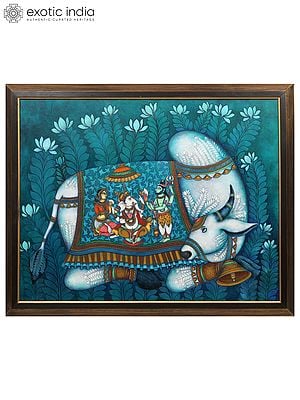 Shiva - Parvati with Ganesha on Nandi | Acrylic on Canvas | With Frame