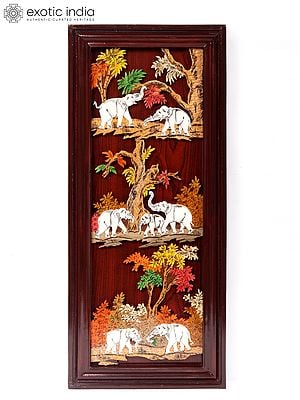 30" 3D Elephant Art Wood Panel with Inlay Work