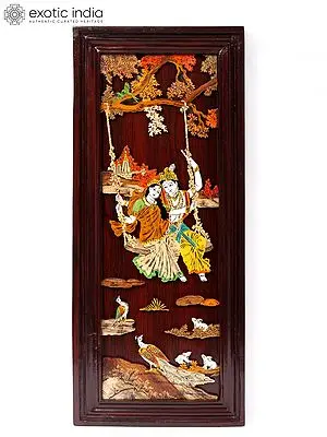 30" Radha Krishna on Swing | 3D Art | Wood Panel with Inlay Work