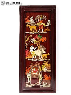 30" Village View - Working Villagers | 3D Wood Panel with Inlay Work