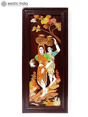 30" Paniharini - Women Carrying Water Pot | 3D Wood Panel with Inlay Work