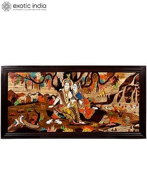72" Large River Side Seated Radha Krishna | 3D Art Wood Panel with Inlay Work