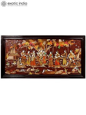 72" Large Fluting Radha Krishna with Gopis | 3D Wood Panel with Inlay Work